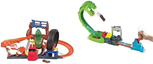 Cheap Toxic Gorilla Slam Gas Station & Tire Repair Shop Playset With Adjustable Launcher Lights & Sounds & 1 1:64 Scale Car Connects To Other Track Sets Gift For Kids 5 Years Old & Up - Vehicle Adventure Play Collection