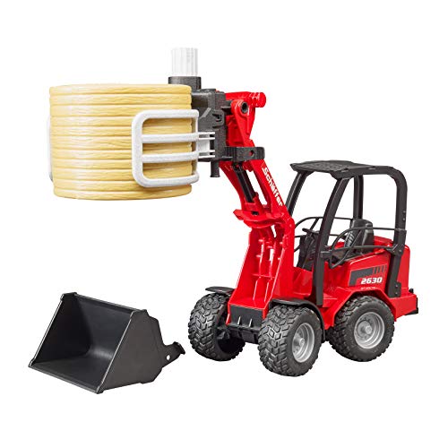 02192 Schaffer Compact Loader 2630 Farm Tractor With Shovel Bale Gripper And 1 Round Hay Bal - Farm Adventure Play Edition