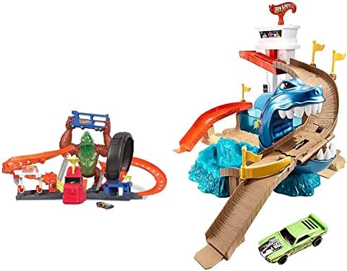 Cheap Toxic Gorilla Slam Gas Station & Tire Repair Shop Playset With Adjustable Launcher Lights & Sounds & 1 1:64 Scale Car Connects To Other Track Sets Gift For Kids 5 Years Old & Up - Vehicle Adventure Play Collection