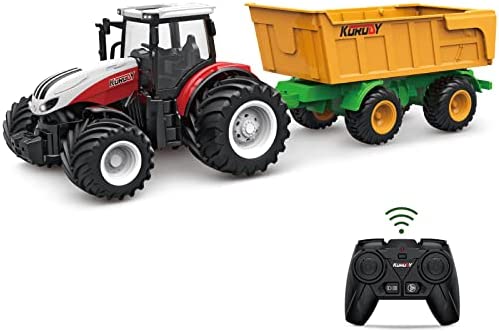 RC Tractor Remote Control Farm Truck With Trailer 1/24 Scale 2.4Ghz Electronic Tractor Farm Vehicle Toy With Light For Kids Age 5 6 7 8 9 And Up Years Old - Farm Adventure Play Edition