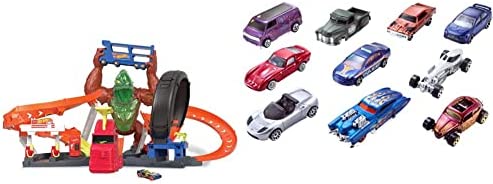 Cheap Toxic Gorilla Slam Gas Station & Tire Repair Shop Playset With Adjustable Launcher Lights & Sounds & 1 1:64 Scale Car Connects To Other Track Sets Gift For Kids 5 Years Old & Up - Vehicle Adventure Play Collection
