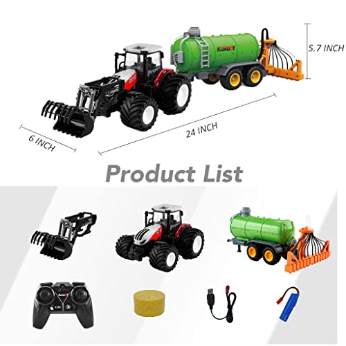 Remote Control Tractor Toy RC Truck With Trailer Farm Vehicle Toys Barrel Trailer With Spread Tubes Frontloader 1/24 Scale 2.4Ghz Farm Playset Toy For Kids Age 5 6 7 8 9 Up Years Old - Farm Adventure Play Edition