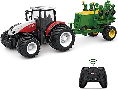 RC Tractor Remote Control Farm Truck With Trailer 1/24 Scale 2.4Ghz Electronic Tractor Farm Vehicle Toy With Light For Kids Age 5 6 7 8 9 And Up Years Old - Farm Adventure Play Edition