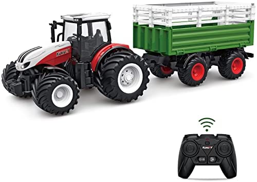 RC Tractor Remote Control Farm Truck With Trailer 1/24 Scale 2.4Ghz Electronic Tractor Farm Vehicle Toy With Light For Kids Age 5 6 7 8 9 And Up Years Old - Farm Adventure Play Edition