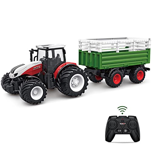 RC Tractor Remote Control Farm Truck With Trailer 1/24 Scale 2.4Ghz Electronic Tractor Farm Vehicle Toy With Light For Kids Age 5 6 7 8 9 And Up Years Old - Farm Adventure Play Edition