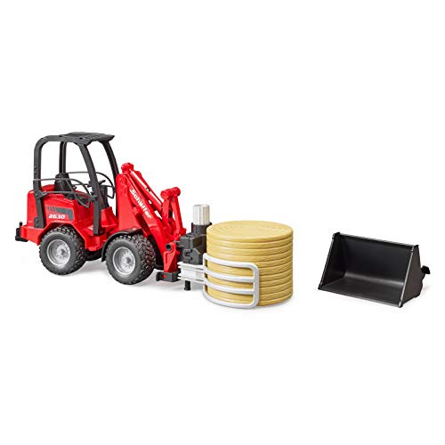 02192 Schaffer Compact Loader 2630 Farm Tractor With Shovel Bale Gripper And 1 Round Hay Bal - Farm Adventure Play Edition