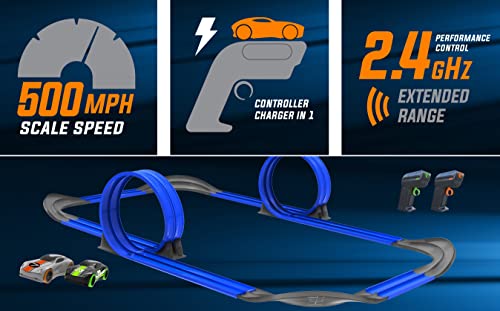 Mote Control Cordless Glow In The Dark High-Speed Super Loop Speedway Track Set With Two Cars For Dual Racing Glow Blue Blue Glow - Vehicle Adventure Play Collection