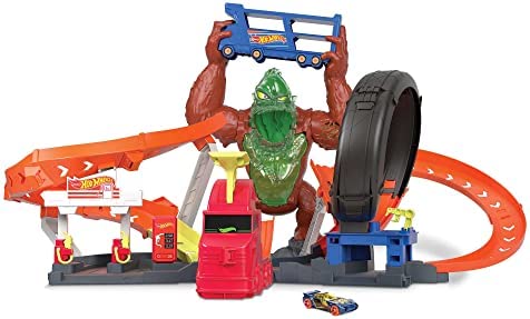 Cheap Toxic Gorilla Slam Gas Station & Tire Repair Shop Playset With Adjustable Launcher Lights & Sounds & 1 1:64 Scale Car Connects To Other Track Sets Gift For Kids 5 Years Old & Up - Vehicle Adventure Play Collection