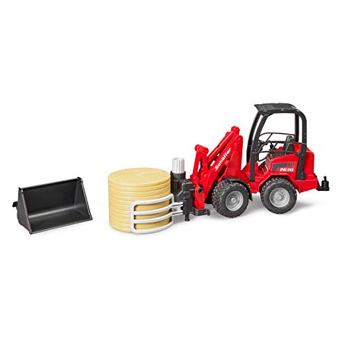 02192 Schaffer Compact Loader 2630 Farm Tractor With Shovel Bale Gripper And 1 Round Hay Bal - Farm Adventure Play Edition