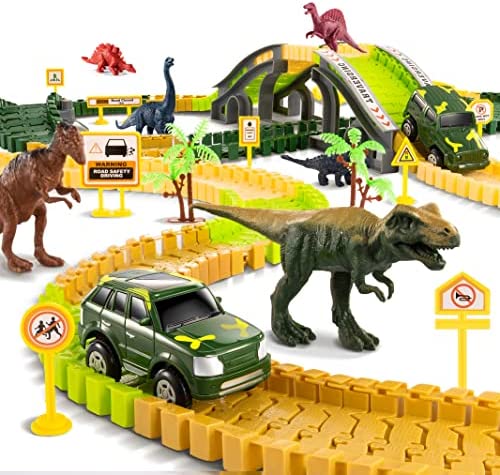 New Dinosaur Train Toys For Kids Longer Track 6 Realistic Jurassic Dino Figures 2 Electric Toy Car Twisted Flexible Train Track Set For Toddlers Boys & Girls 3 4 5 6 7 Years - Vehicle Adventure Play Collection