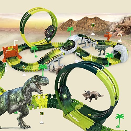 Inodoo Magic Tracks For Boys Girls Kids 144Pcs Flexible Glow In The Dark Race Track With LED Light-Up Dinosaur Race Car STEM Building Slot Car Toys well-suited Christmas Birthday Gifts For Aged 4-8 Dinosaur Race - Vehicle Adventure Play Collection