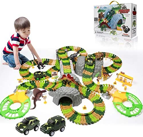 New Dinosaur Train Toys For Kids Longer Track 6 Realistic Jurassic Dino Figures 2 Electric Toy Car Twisted Flexible Train Track Set For Toddlers Boys & Girls 3 4 5 6 7 Years - Vehicle Adventure Play Collection
