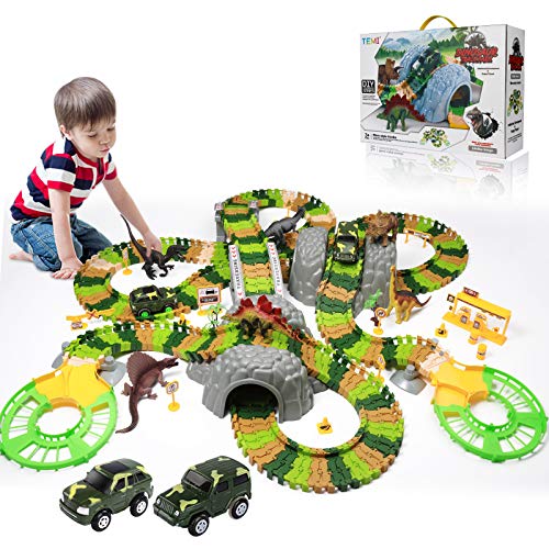 New Dinosaur Train Toys For Kids Longer Track 6 Realistic Jurassic Dino Figures 2 Electric Toy Car Twisted Flexible Train Track Set For Toddlers Boys & Girls 3 4 5 6 7 Years - Vehicle Adventure Play Collection