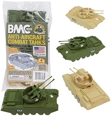 Promo Lassic Payton Anti-Aircraft Tanks – 4pc Tan Green Plastic Army Men Vehicle - Railway Imagination Collection