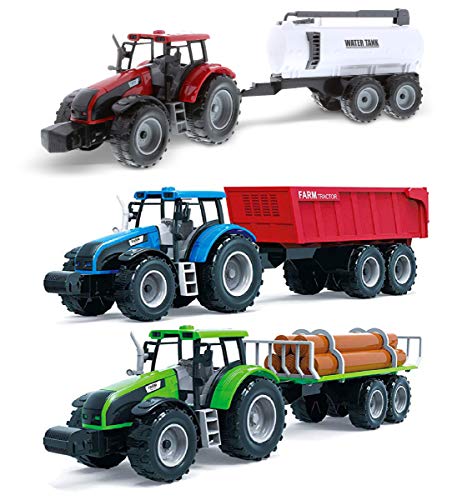 Friction Powered Farm Tractor Vehicles 16.5 Includes Farmer Tractor Water Tank And Log Trailer Push & Go No Batteries Needed (3pc Set) - Farm Adventure Play Edition