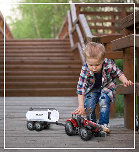 Friction Powered Farm Tractor Vehicles 16.5 Includes Farmer Tractor Water Tank And Log Trailer Push & Go No Batteries Needed (3pc Set) - Farm Adventure Play Edition