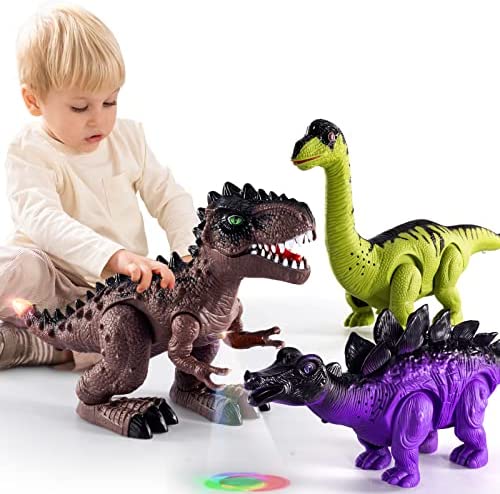 New 3 Pack Electric Walking Dinosaur Toys For Toddlers 2-4 3-5 Years With Roar Sounds And Lights Up Realistic Robot T-Rex Brachiosaurus Stegosaurus Dinosaur Figures For Kids - Vehicle Adventure Play Collection