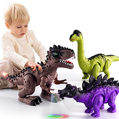 New 3 Pack Electric Walking Dinosaur Toys For Toddlers 2-4 3-5 Years With Roar Sounds And Lights Up Realistic Robot T-Rex Brachiosaurus Stegosaurus Dinosaur Figures For Kids - Vehicle Adventure Play Collection