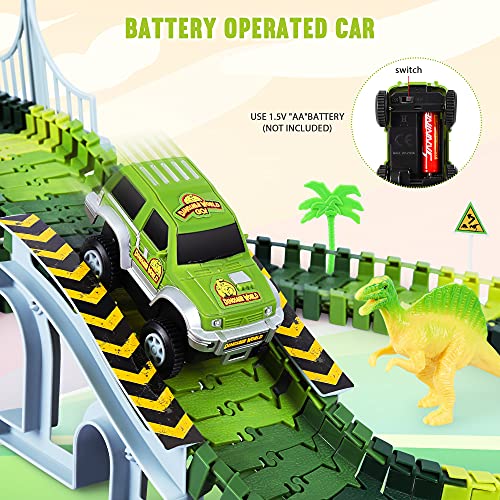 Deals Dinosaur Toys-187 Pcs Create A Dinosaur World Road Race Flexible Track Playset 4 Dinosaurs-2 Race Cars For 3 4 5 6 Years Up Old Boys Girls well-suited Gift - Vehicle Adventure Play Collection