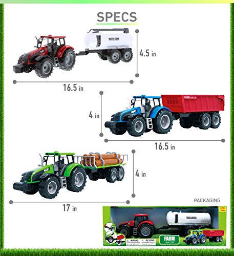 Friction Powered Farm Tractor Vehicles 16.5 Includes Farmer Tractor Water Tank And Log Trailer Push & Go No Batteries Needed (3pc Set) - Farm Adventure Play Edition