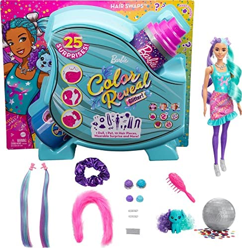 New Color Reveal Doll Glittery Purple With 25 Hairstyling & Party-Themed Surprises Including 10 Plug-in Hair Pieces Gift For Kids 3 Years Old & Up - Railway Imagination Collection