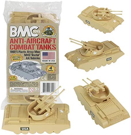 Promo Lassic Payton Anti-Aircraft Tanks – 4pc Tan Green Plastic Army Men Vehicle - Railway Imagination Collection