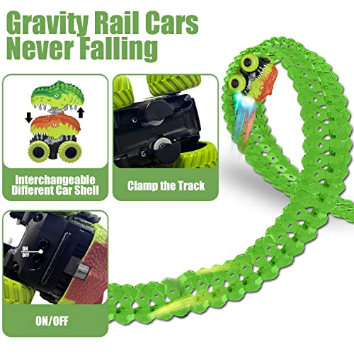 Inodoo Magic Tracks For Boys Girls Kids 144Pcs Flexible Glow In The Dark Race Track With LED Light-Up Dinosaur Race Car STEM Building Slot Car Toys well-suited Christmas Birthday Gifts For Aged 4-8 Dinosaur Race - Vehicle Adventure Play Collection
