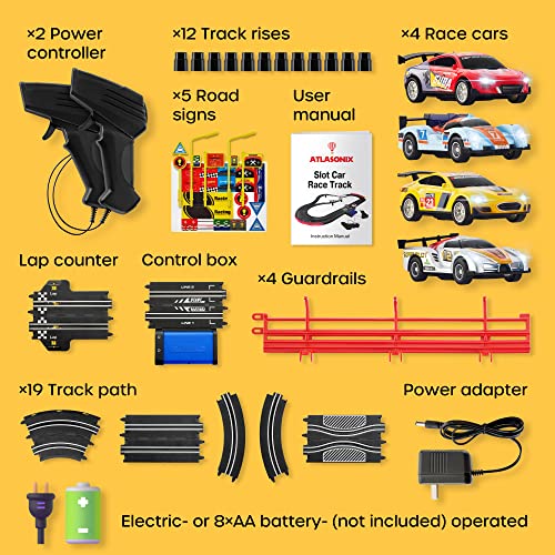 Slot Car Race Track Sets – Battery Or Electric Race Car Track With 4 Cars Dual Electric Race Track W/ 2 Remotes Lap Counter & Lights For Girls & Boys Age 8-12 - Vehicle Adventure Play Collection
