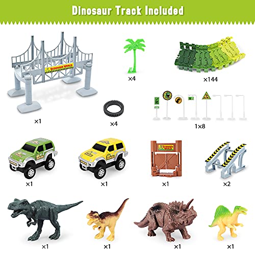 Deals Dinosaur Toys-187 Pcs Create A Dinosaur World Road Race Flexible Track Playset 4 Dinosaurs-2 Race Cars For 3 4 5 6 Years Up Old Boys Girls well-suited Gift - Vehicle Adventure Play Collection