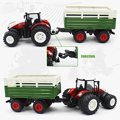 RC Tractor Remote Control Farm Truck With Trailer 1/24 Scale 2.4Ghz Electronic Tractor Farm Vehicle Toy With Light For Kids Age 5 6 7 8 9 And Up Years Old - Farm Adventure Play Edition