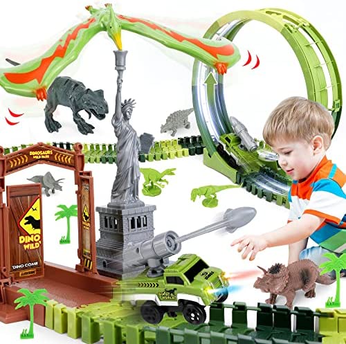 174 PCS Dinosaur Toys Race Track Flexible Train Tracks With 8 Dinosaurs Figures 2 Electric Race Cars Vehicle Playset With Lights To Create A Dinosaur World Road Race For Toddlers Kids Boys Girls - Vehicle Adventure Play Collection
