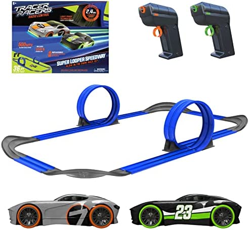 Mote Control Cordless Glow In The Dark High-Speed Super Loop Speedway Track Set With Two Cars For Dual Racing Glow Blue Blue Glow - Vehicle Adventure Play Collection