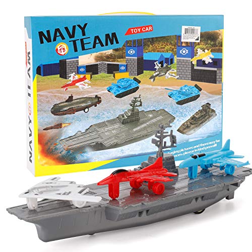 Aircraft Carrier Pullback Mini Military Toy Playset With Fighter Jets Stealth Bomber Tank Warship Submarine (8 Pieces) - Marine Adventure Collection