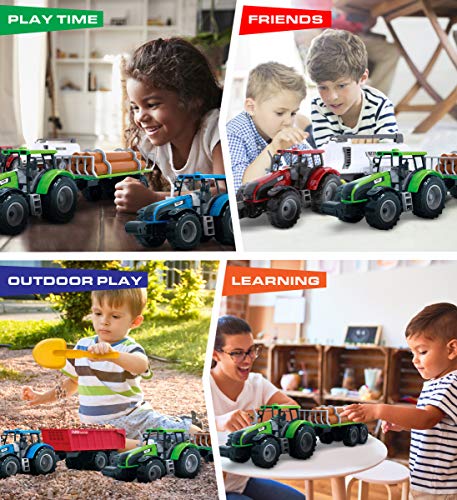 Friction Powered Farm Tractor Vehicles 16.5 Includes Farmer Tractor Water Tank And Log Trailer Push & Go No Batteries Needed (3pc Set) - Farm Adventure Play Edition