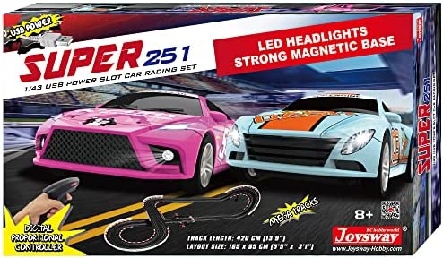 Super 251 USB Power Slot Car Racing Set LED Headlights Strong Magnetic Base Mechanical Lap Counter & Powerbase Integrated As Combo Track For Ages 8 And Up - Vehicle Adventure Play Collection