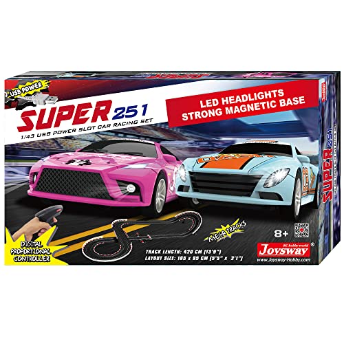 Super 251 USB Power Slot Car Racing Set LED Headlights Strong Magnetic Base Mechanical Lap Counter & Powerbase Integrated As Combo Track For Ages 8 And Up - Vehicle Adventure Play Collection