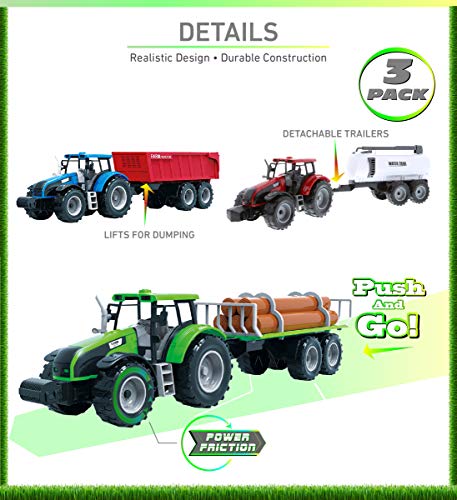 Friction Powered Farm Tractor Vehicles 16.5 Includes Farmer Tractor Water Tank And Log Trailer Push & Go No Batteries Needed (3pc Set) - Farm Adventure Play Edition
