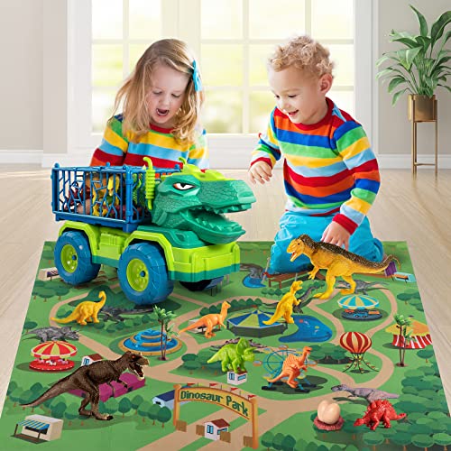 Budget Dinosaur Truck Toys For Kids 3-5 Years Tyrannosaurus Transport Car Carrier Truck With 8 Dino Figures Activity Play Mat Dinosaur Eggs Capture Jurassic Dinosaur Play Set For Boys And Girls - Vehicle Adventure Play Collection