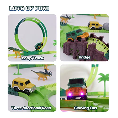 Dinosaur Toys For Kids 3-5 245 Pcs Dino Race Car Track Create A Dinosaur World Road Race With Flexible Train Track Playset 2 Electric Dinosaur Race Cars Toy,well-suited Gift For 3 4 5 Years Old Boys Girls Pink - Vehicle Adventure Play Collection