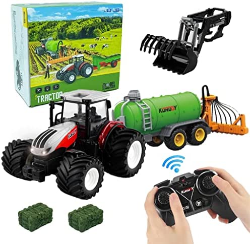 Remote Control Tractor Toy RC Truck With Trailer Farm Vehicle Toys Barrel Trailer With Spread Tubes Frontloader 1/24 Scale 2.4Ghz Farm Playset Toy For Kids Age 5 6 7 8 9 Up Years Old - Farm Adventure Play Edition