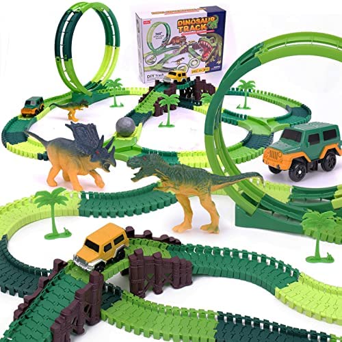 Dinosaur Toys For Kids 3-5 245 Pcs Dino Race Car Track Create A Dinosaur World Road Race With Flexible Train Track Playset 2 Electric Dinosaur Race Cars Toy,well-suited Gift For 3 4 5 Years Old Boys Girls Pink - Vehicle Adventure Play Collection
