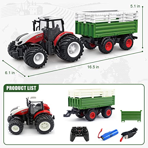 RC Tractor Remote Control Farm Truck With Trailer 1/24 Scale 2.4Ghz Electronic Tractor Farm Vehicle Toy With Light For Kids Age 5 6 7 8 9 And Up Years Old - Farm Adventure Play Edition