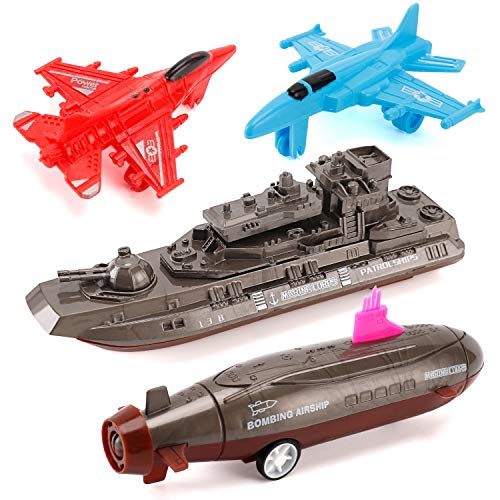 Aircraft Carrier Pullback Mini Military Toy Playset With Fighter Jets Stealth Bomber Tank Warship Submarine (8 Pieces) - Marine Adventure Collection