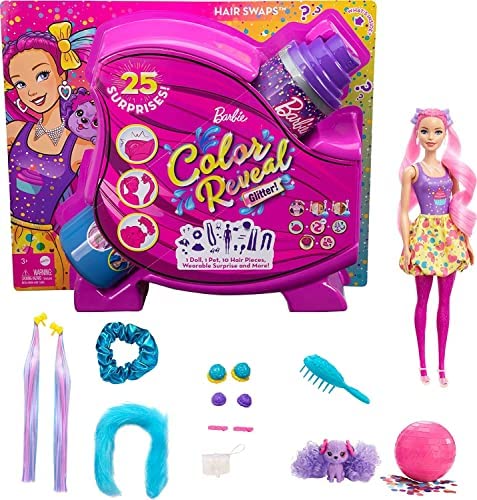 New Color Reveal Doll Glittery Purple With 25 Hairstyling & Party-Themed Surprises Including 10 Plug-in Hair Pieces Gift For Kids 3 Years Old & Up - Railway Imagination Collection