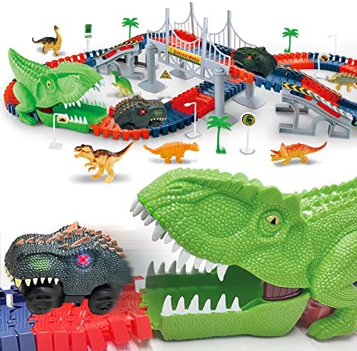 Inodoo Magic Tracks For Boys Girls Kids 144Pcs Flexible Glow In The Dark Race Track With LED Light-Up Dinosaur Race Car STEM Building Slot Car Toys well-suited Christmas Birthday Gifts For Aged 4-8 Dinosaur Race - Vehicle Adventure Play Collection