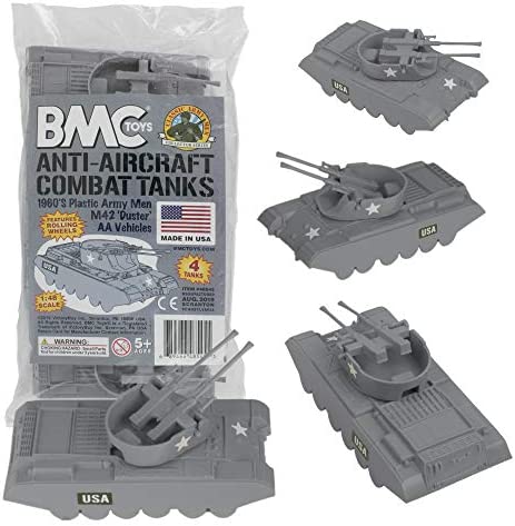 Promo Lassic Payton Anti-Aircraft Tanks – 4pc Tan Green Plastic Army Men Vehicle - Railway Imagination Collection