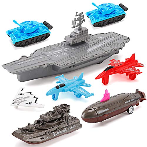 Aircraft Carrier Pullback Mini Military Toy Playset With Fighter Jets Stealth Bomber Tank Warship Submarine (8 Pieces) - Marine Adventure Collection