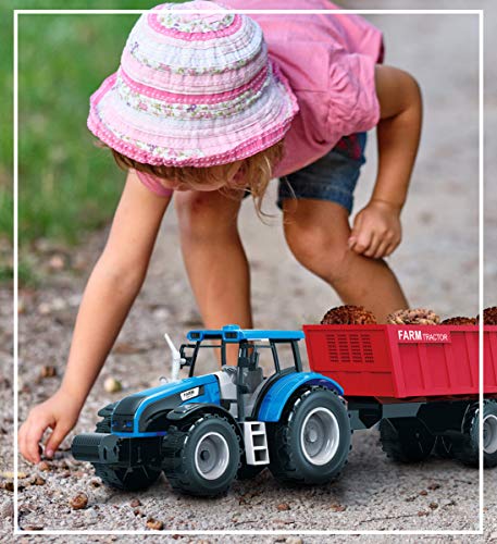 Friction Powered Farm Tractor Vehicles 16.5 Includes Farmer Tractor Water Tank And Log Trailer Push & Go No Batteries Needed (3pc Set) - Farm Adventure Play Edition