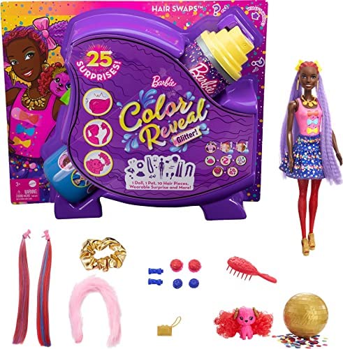 New Color Reveal Doll Glittery Purple With 25 Hairstyling & Party-Themed Surprises Including 10 Plug-in Hair Pieces Gift For Kids 3 Years Old & Up - Railway Imagination Collection