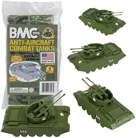 Promo Lassic Payton Anti-Aircraft Tanks – 4pc Tan Green Plastic Army Men Vehicle - Railway Imagination Collection